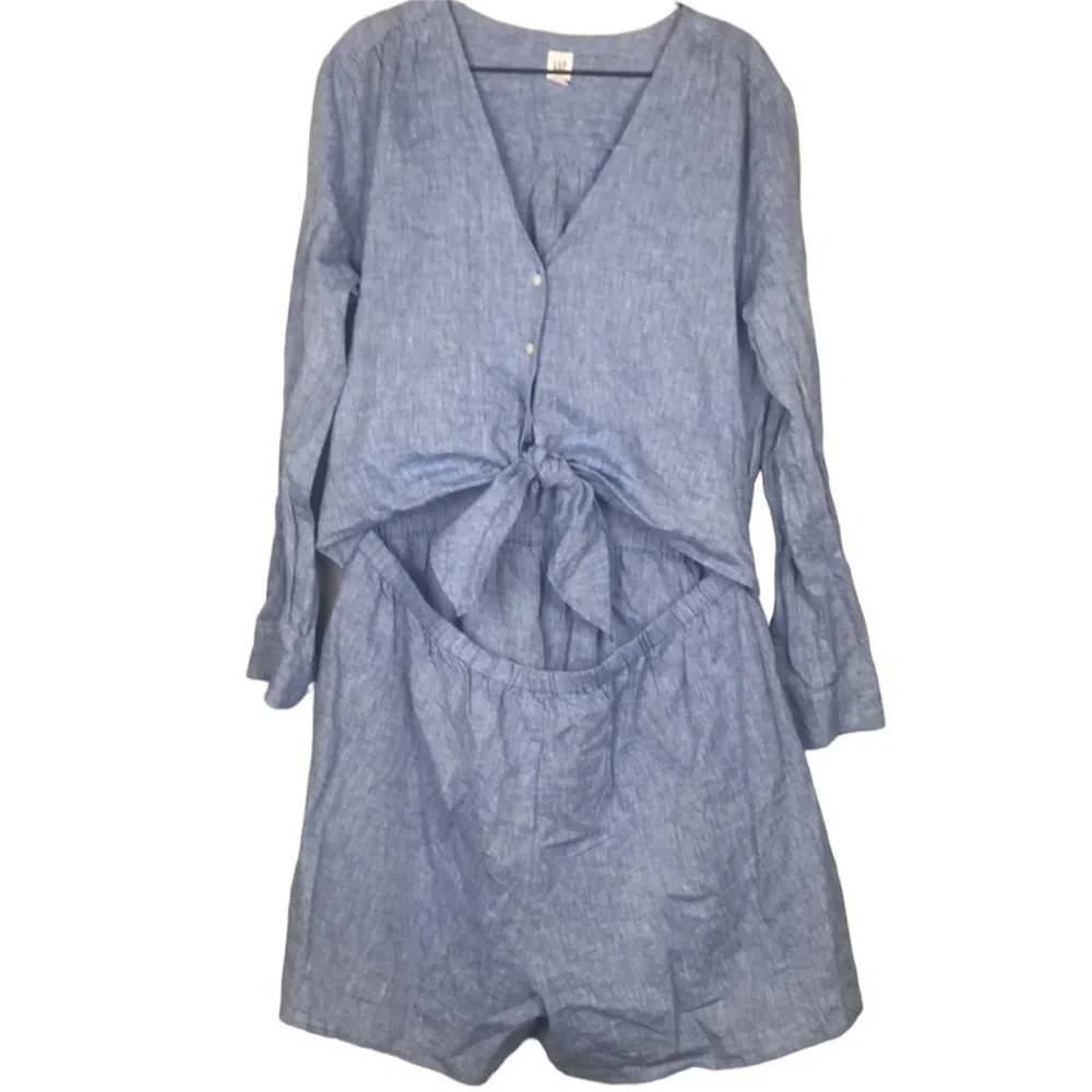 GAP blue linen blend tie front romper